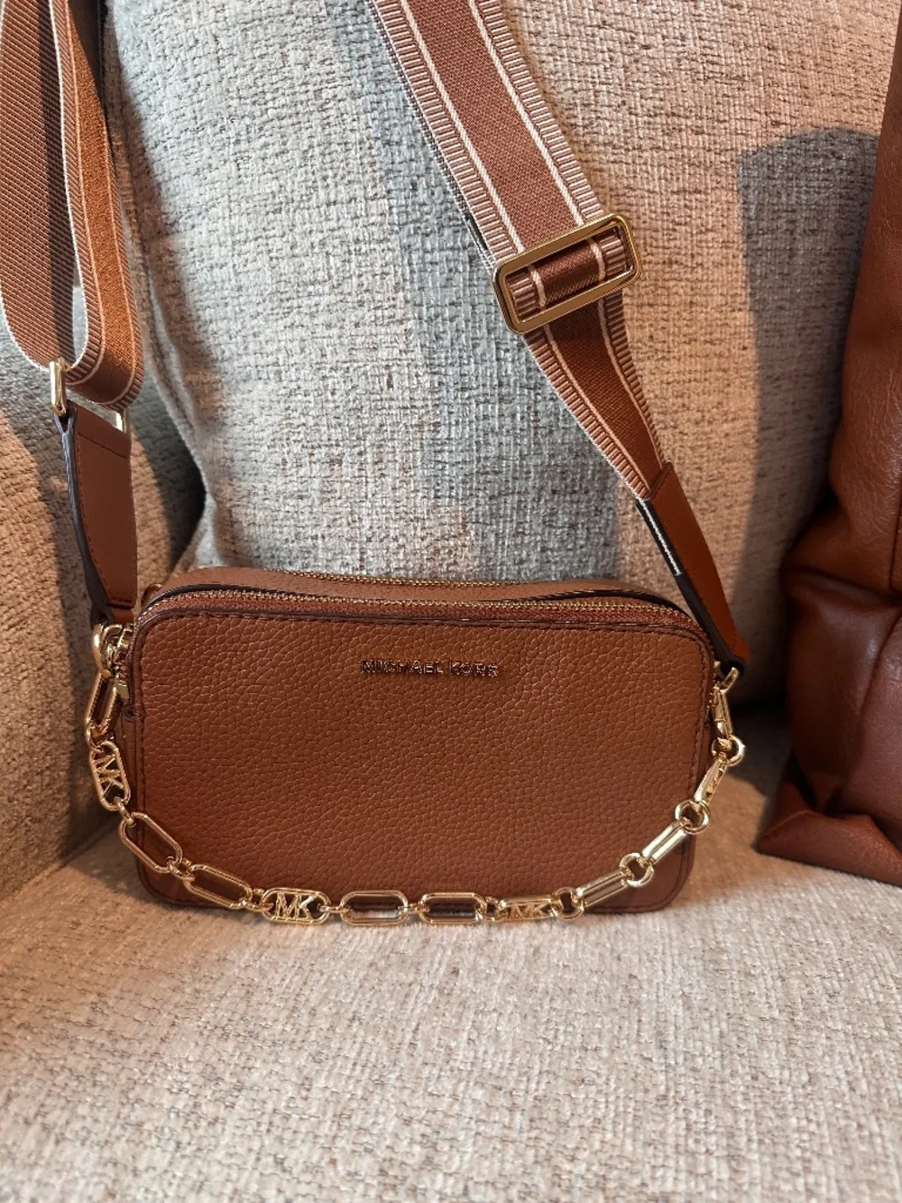 Michael Kors Bryant Brown Pebbled Leather Double Zip Chain Crossbody Bag